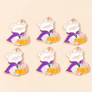 6pcs Halloween bear charms with purple cloak and pumpkin for DIY jewelry making
