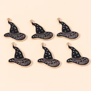 Halloween wizard hat alloy pendants with gold moon stars and black enamel finish