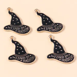 Halloween wizard hat enamel charms with star moon pattern and Wizard in Training text