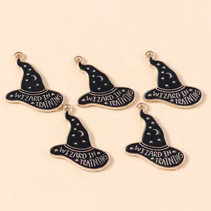 5-pack black and gold enamel wizard hat charms with Wizard In Training text for DIY jewelry