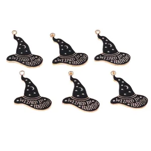 Black and gold wizard hat pendants with Wizard in Training text for DIY jewelry making