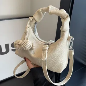 Women Ruched Handle Dumpling Bag Faux Leather Litchi Texture Crossbody Bag With Woven Ball Pendant Versatile Shoulder Handbag