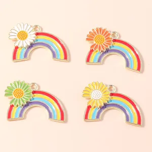 Colorful rainbow daisy flower pendants in alloy enamel for DIY jewelry making