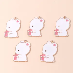5pcs cartoon bear charms with milk tea design and golden edges for DIY jewelry making