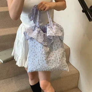 Women's Korean Floral Canvas Tote Bag Large Capacity Ruffle Pleated Shoulder Bag Sweet Seersucker Handbag Casual Beach Bag