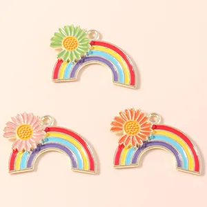 Detailed view of colorful enamel alloy rainbow daisy charms for DIY jewelry making