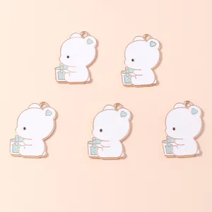 Cartoon enamel white bear charms holding bubble tea for DIY jewelry making 10pcs pack