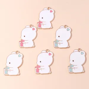 Alloy Enamel Cartoon Bear Drinking Milk Tea Charms Pendants DIY Jewelry Making Findings Accessories Cute Animal Drip Oil Dangle