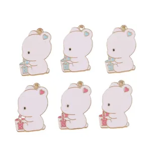 Cartoon enamel bear charms drinking bubble tea in blue and pink for DIY jewelry
