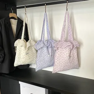 Floral canvas tote bags in white purple and pink with ruffled cloud pleated edges