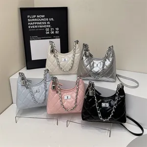 Chic quilted crossbody chain bags in five colors with metallic lock and pendant charms