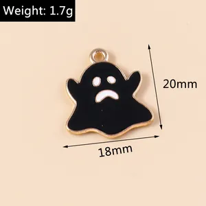 Close-up of a 20mm black ghost Halloween pendant with gold edges and dimensions detail