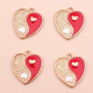 DIY Chinese style Yin Yang heart alloy pendants with red enamel for jewelry making