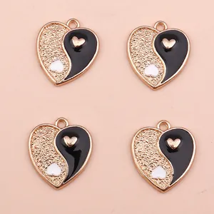 DIY Chinese style heart-shaped Tai Chi pendants with matte gold and black enamel finish