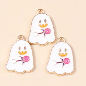 Detail view of cute Halloween ghost charms with enamel finish and gold alloy trim