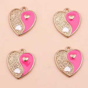 Chinese Tai Chi Yin Yang heart charms in gold and pink enamel for DIY jewelry making