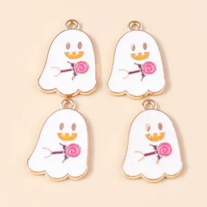 Ghost lollipop alloy charms for Halloween jewelry making with white enamel and gold plating
