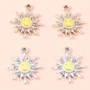 DIY sunflower smile pendant in gold and silver alloy with oil drop and small rhinestones
