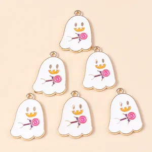 Cartoon Enamel Ghost Lollipop Alloy Charms Halloween Cute Ghost Pendants For DIY Jewelry Making Necklace Bracelet Decoration