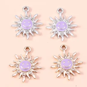 Smiling sun flower charms with purple enamel and sparkling crystals for DIY jewelry making