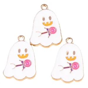 Cute Halloween ghost charms with lollipops made of enamel and alloy for DIY jewelry