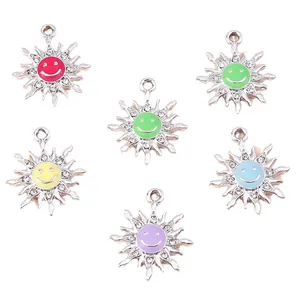 Colorful sunflower smile face pendants with rhinestones for DIY jewelry making