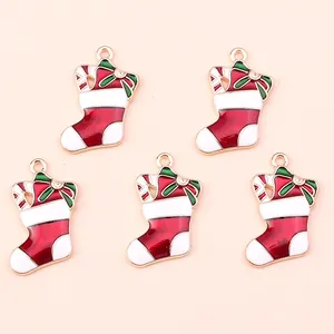 5pcs Christmas stocking alloy pendants with red and white enamel and green bow for DIY jewelry