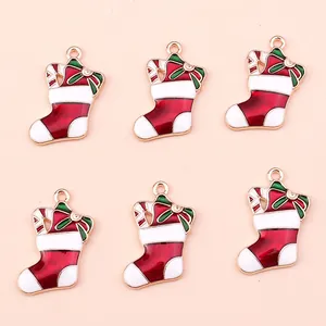 Christmas Stocking Enamel Charms Alloy Pendants With Candy Cane Bow For DIY Jewelry Making Festival Decor Pendant Only