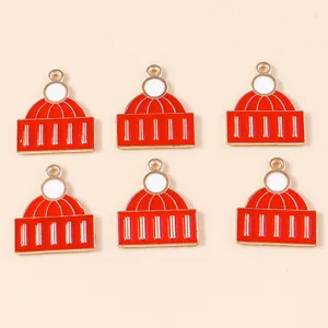 6er-Set rot-weiße Emaille-Weihnachtsmützen-Anhänger aus Goldlegierung für DIY-Schmuck