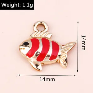 Detail view of 14mm enamel koi fish charm with red stripes showing 1.1g weight and size