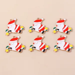 Detailed macro view of 6 enamel Santa Claus alloy pendants for DIY jewelry making