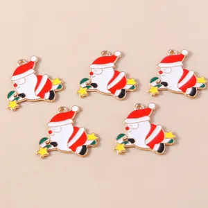 5pcs set of cute cartoon Santa Claus enamel alloy charms with candy cane for DIY jewelry