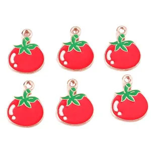Set of 6 realistic red tomato charms with green leaves and rose gold plating for DIY