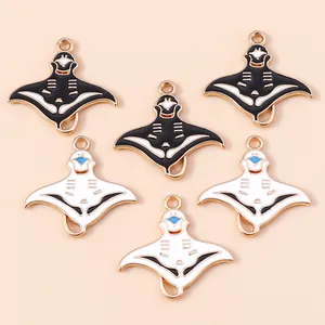 Set of 6 tropical devil ray enamel fish charms in black and white with gold alloy edges