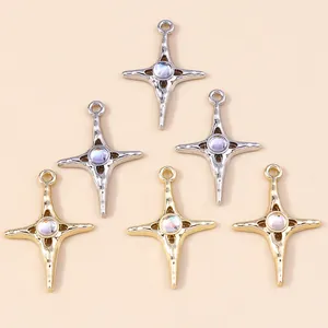 Vintage Alloy Cross Star Pendants With Moonstone Effect Inlaid Gemstone Gold Silver Hammered Texture Charms For DIY Jewelry Making Pendants