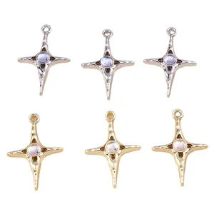 Set of six sparkling rhinestone cross star pendants with lava texture in gold and silver