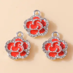 Three red enamel rose flower pendants with sparkling rhinestones for DIY jewelry making