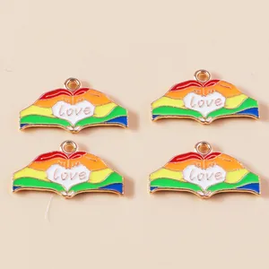 Rainbow enamel heart hand pendants with love engraving for DIY jewelry making