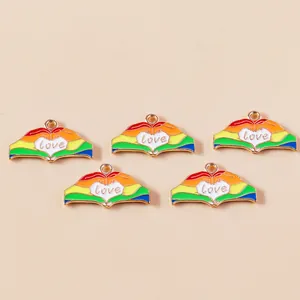 Five rainbow enamel heart hand gesture charms with love engraving for DIY jewelry