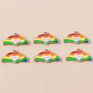 Rainbow enamel heart hand pendants for jewelry making with gold-plated metal finish