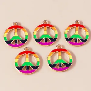 Vijf regenboog emaille vredesteken bedeltjes met gouden plating voor DIY-sieraden maken