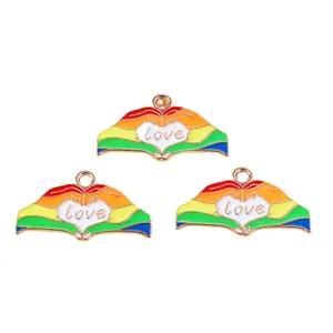 Rainbow enamel heart gesture charms with love inscription for DIY jewelry making