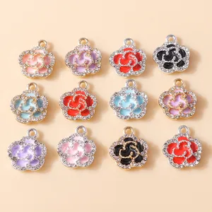 Rose Flower Alloy Enamel Pendants Rhinestone Inlaid Charms For DIY Jewelry Making Bracelet Necklace Accessories For Women