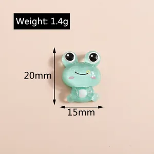 Detailed view of 20mm green glitter resin frog charm with specific size and weight dimensions