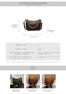 Détail du sac à bandoulière en cuir PU avec chaîne dorée et dimensions du produit
