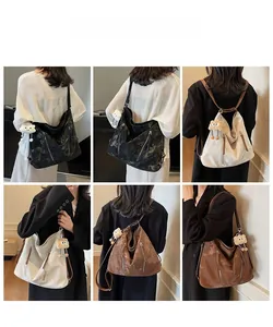 Multiple views of a vintage faux leather tote showing shoulder and backpack wear styles