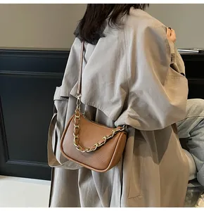 Gros plan du sac demi-lune en cuir marron avec chaîne dorée sur un trench-coat classique