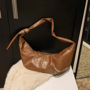 Large Capacity Vintage Soft PU Leather Pleated Hobo Bag For Women Casual Lazy Style Knotted Shoulder Crossbody Bag