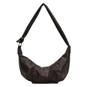 Retro dark brown pleated hobo bag in soft leather with adjustable knotted strap design
