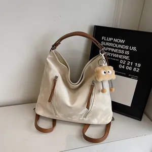 Retro PU Leather Large Capacity Tote Bag For Women Korean Style Commuter Shoulder Bag With Plush Charm Decorative Zippers Fashion Handbag